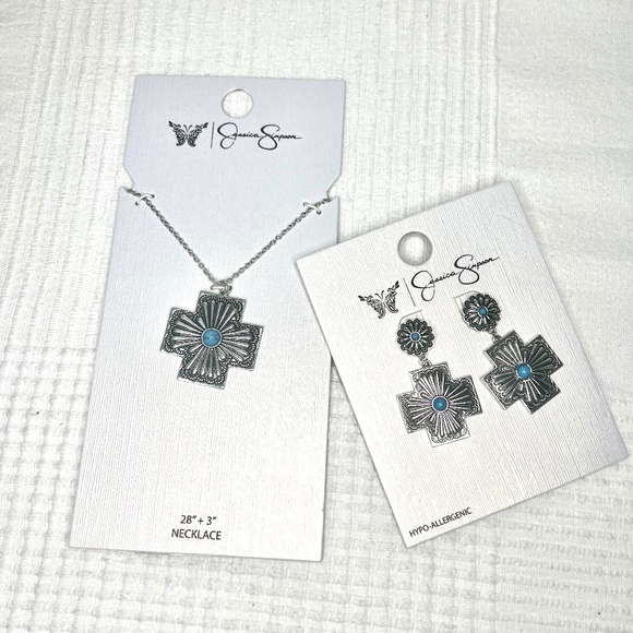Jessica Simpson Faux Turquoise Stone Cross Necklace and Earrings Set - Picture 1 of 9